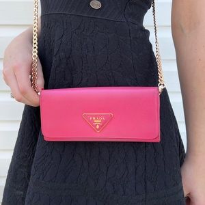 Authentic Pink Prada Saffiano Leather Continental Wallet on Chain
